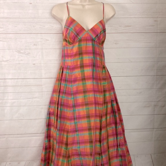 Isaac Mizrahi Size XS 100% Silk Rainbow Plaid Fit & Flare Slip Dress - Picture 4 of 12